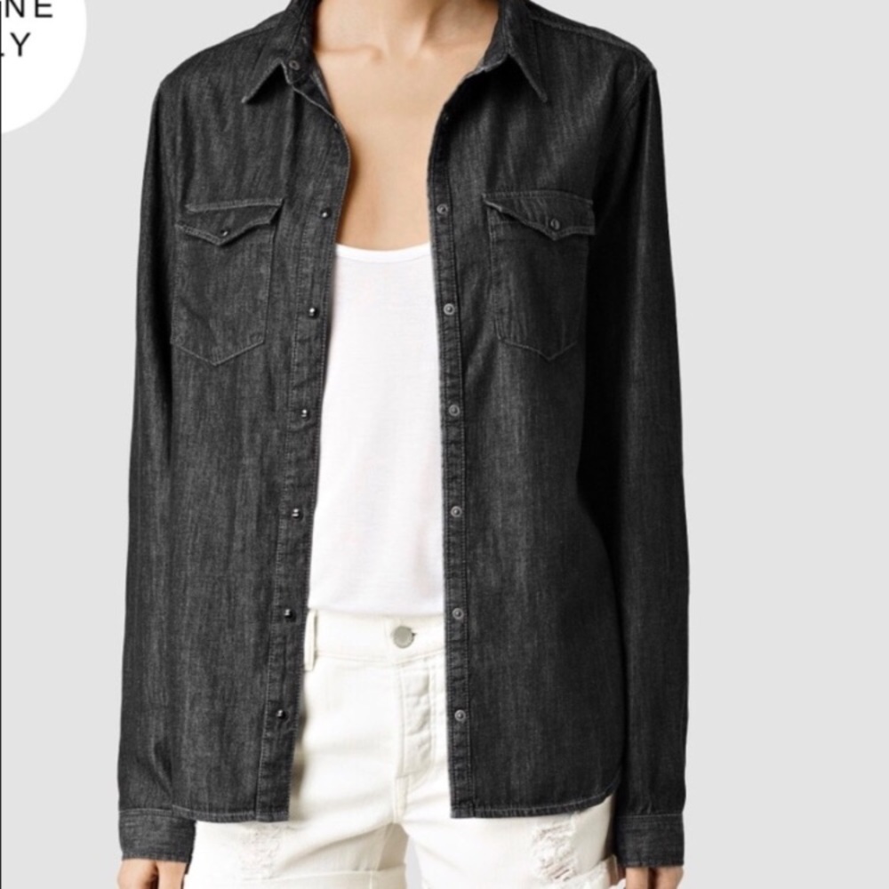All Saints Black Denim Button-Up Shirt